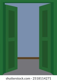 Animación de puerta de madera abierta. Entrada de la casa de dibujos animados 2D. Puerta de madera verde con vista interior habitación vacía aislada sobre fondo blanco. Diseño de puerta abierta de pueblo indio con marco de puerta