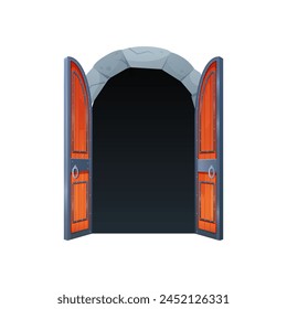 Abra la puerta de madera al castillo. Puerta de madera medieval, Ilustración vectorial de dibujos animados de la entrada de la ciudad vieja