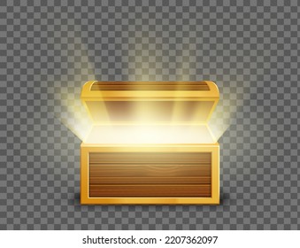 Cofre viejo de madera abierta con luz brillante en el interior. Plantilla aislada en un fondo transparente. parodia vectorial.