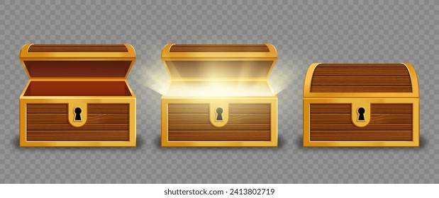 Open wooden old chest with glowing inside. Template isolated on a transparent background. Stock vector mockups.