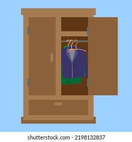 open wooden wardrobe with things