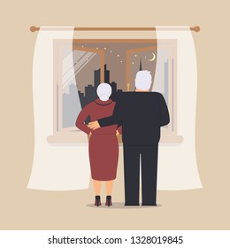 Open wooden window with tulle as design element for interior of room on cream background. Night city scene or cityscape is outside. Pair of seniors stand hugging and look outside.Vector illustration