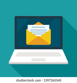 open work laptop with email icon, a letter arrived. flat vector illustration with shadow