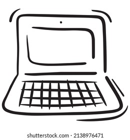 open working laptop - computer, vector isolated element in doodle style, black outline, white background, business doodles
