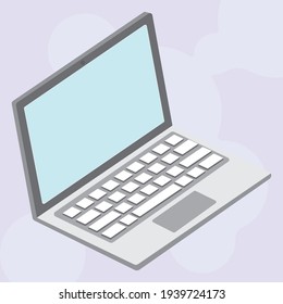 Open working laptop on purple background