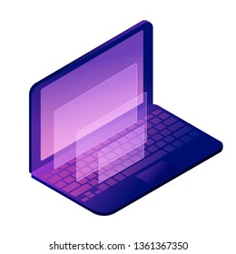 Open working laptop with screen on. Isometric