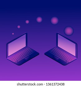 Open working laptop with screen on. Isometric