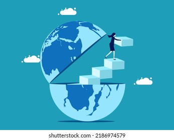 Öffne die Welt, um dich selbst zu entwickeln. Eine Geschäftsfrau baut eine Leiter, um aus der Welt zu kommen