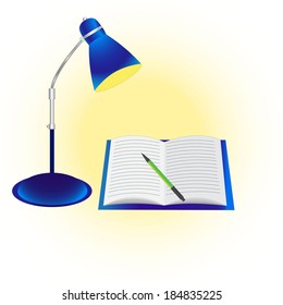 open writing book and desk lamp on a white  background