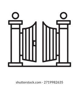Una puerta abierta de hierro forjado con pilares decorativos y un dibujo de línea simple