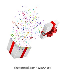 Open Xmas box with confetti on white background. Vector
