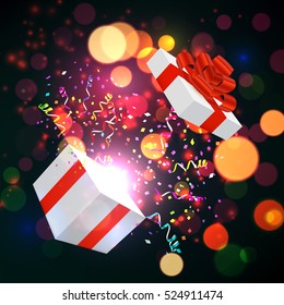 Open Xmas box with confetti on bokeh background. Vector illustration