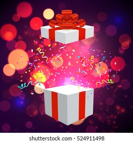 Open Xmas box with confetti on bokeh background. Vector illustration