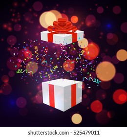 Open Xmas box with confetti on bokeh background. Vector illustration