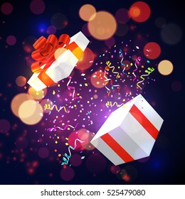 Open Xmas box with confetti on bokeh background. Vector illustration