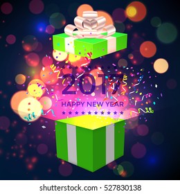 Open Xmas box with confetti on bokeh background. Vector illustration