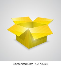 Open yellow box 3d sign. Vector illustration