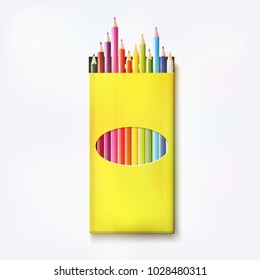 Open yellow box of colored pencils. Vector illustration