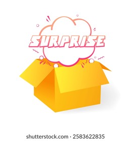 Open yellow box with exciting surprise text cloud in vibrant colors. Vector icon