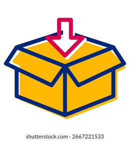 Offene gelbe Box mit einem roten Pfeil nach unten zeigt in dieser illustrativen Grafik, die Einfachheit und Richtung vermittelt, ideal für Logistik- oder E-Commerce-Anwendungen.