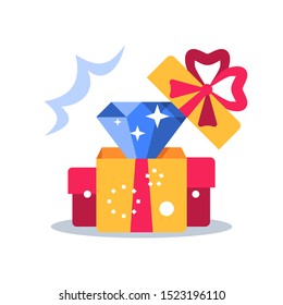 Open yellow box with red ribbon, surprise gift and diamond, special reward, prize giveaway, loyalty present, bonus program, creative idea, vector flat design illustration