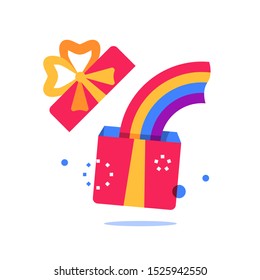 Open yellow box with red ribbon, surprise gift and rainbow, special reward, prize giveaway, loyalty present, bonus program, creative idea, vector flat design illustration