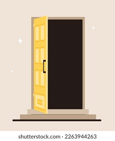 Open yellow door concept. Facade of home or office front view. Graphic element for website. Wooden object, private property and real estate. Cartoon flat vector illustration