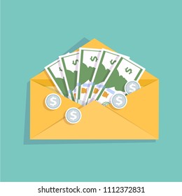 Open yellow envelope with cash money and silver coins. Salary, money payroll, income, salary survey. Isolated paper envelope with shadow. Cash dollar banknotes icon flat design. Vector illustration.