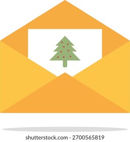 Open yellow envelope with christmas tree greeting card, flat vector illustration icon