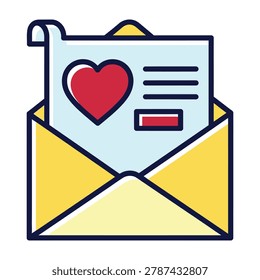 An open yellow envelope containing a romantic love letter with a red heart symbol. Perfect for expressing affection, dating apps, messaging, and valentines themes.