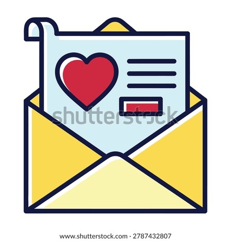 An open yellow envelope containing a romantic love letter with a red heart symbol. Perfect for expressing affection, dating apps, messaging, and valentines themes.