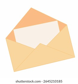Open yellow envelope with a letter inside, shown in a flat vector style. Ideal for communication, office mail, school message, or UI elements for email and messaging apps.