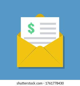 open yellow envelope mail with financial paper document, flat vector illustration