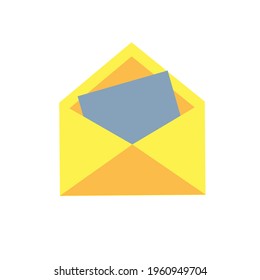 Open yellow envelope with paper. Delivery of correspondence or office documents. Vector illustration.