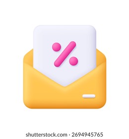 Abra o envelope amarelo com papel e símbolo de porcentagem rosa. Negócios, comércio, desconto, oferta, promoção, venda, marketing por e-mail e conceito de documento financeiro. ícone de vetor 3d. Estilo mínimo de desenho animado.