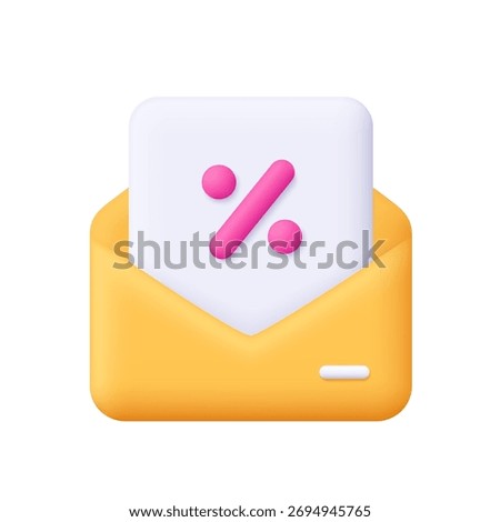 Open yellow envelope with paper and pink percent symbol. Business, commerce, discount, offer, promotion, sale, email marketing and financial document concept. 3d vector icon. Cartoon minimal style.