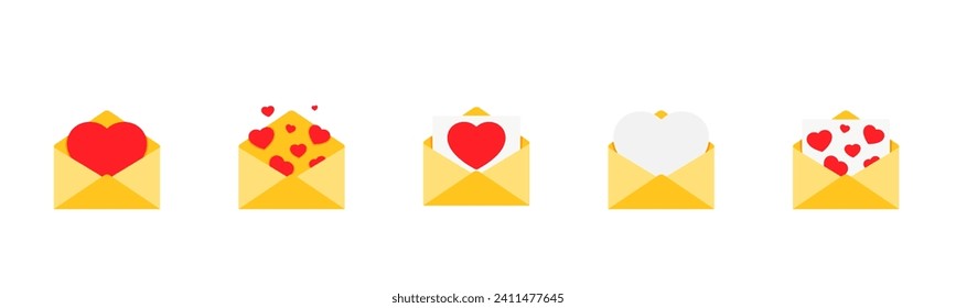 Open yellow envelopes with hearts, valentines day illustration