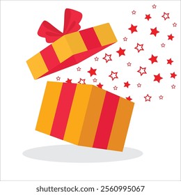 Open yellow gift box with festive explosion of stars. Special give away package, wonder gift with exclamation mark, surprise gift box, birthday celebration. stock illustration.