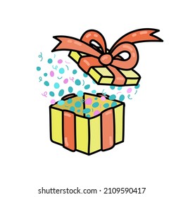 Open yellow gift box with red bow and confetti. Vector illustration. Christmas gift box. Colorful wrapped gift box.