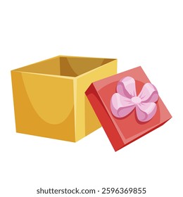 Open yellow gift box with red lid and pink bow on white background. Vector illustration
