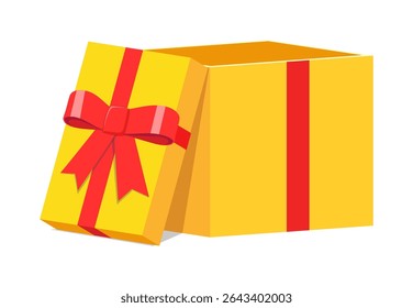 Open Yellow Gift Box with Red Ribbon and Bow Isolated on White Background Celebration Present