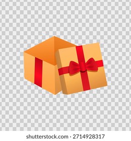 Caja de regalo amarilla abierta con un lazo rojo perfecto para conceptos de celebración, vacaciones, temas de sorpresa en tarjetas de felicitación, publicaciones en redes sociales.