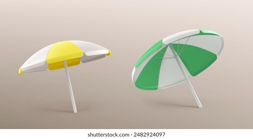 Paraguas de playa abierto amarillo y verde. Conjunto de Ilustración vectorial 3D realista de sombrilla de vacaciones de mar y equipo de viaje. Objeto de relax en la playa o piscina. Maqueta de concepto de baño de sol de verano al aire libre de seguridad.