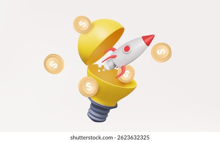 Open yellow light bulb rocket launch investment trade startup target creative idea technology invention new innovation in future education finance budget money support product. 3d vector illustration