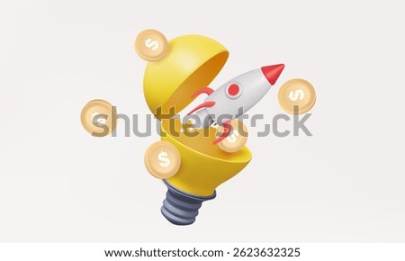 Open yellow light bulb rocket launch investment trade startup target creative idea technology invention new innovation in future education finance budget money support product. 3d vector illustration