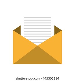open yellow mail envelope with white letter front view over isolated background, vector illustration 