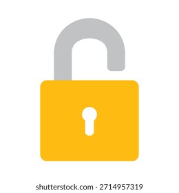 Open yellow padlock icon representing access and vulnerability flat design