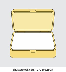 Caja de almacenamiento de plástico amarillo abierto o ilustración de contenedor de almuerzo