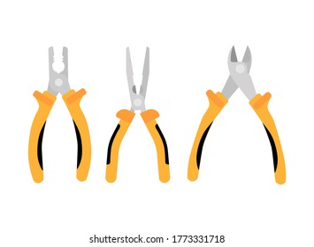 Open yellow side cutters and pliers with thin and thick sponge pliers. Repair tools are isolated on white background, flat vector illustration.