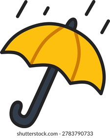 Open yellow umbrella with curved handle protecting from falling raindrops shown as diagonal lines above. Flat color vector illustration with bold outline on isolated background, depicting rainy weather, protection, and monsoon season concept in cartoon style
